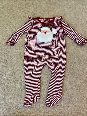 Mud Pie Red & White Striped Santa Footed One-Piece- 6-9 months